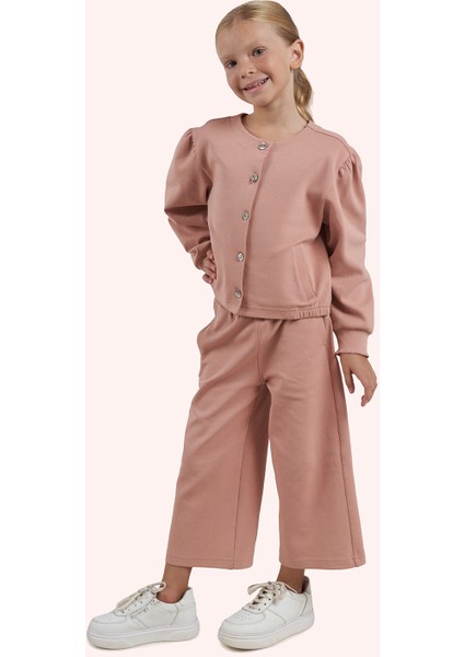 Kız Çocuk Düğmeli Gül Hırka