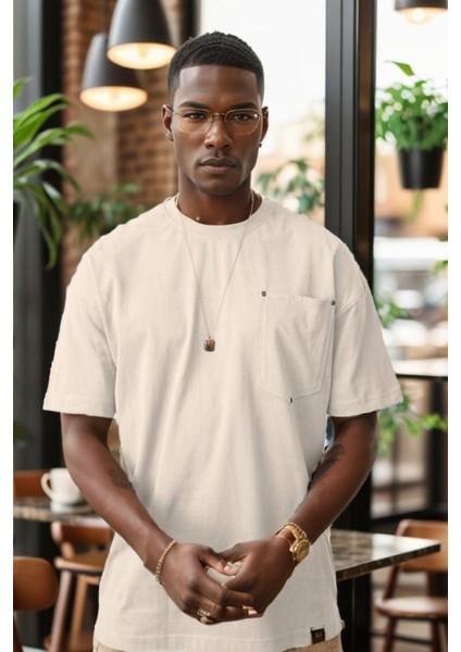 Erkek Bisiklet Yaka Cepli Oversize Kalıp Penye Tişört 1007