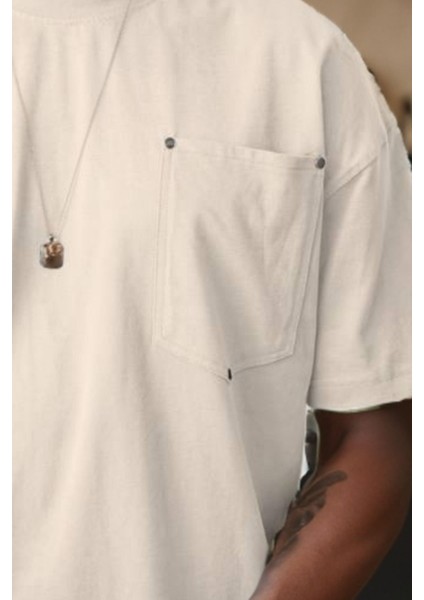 Erkek Bisiklet Yaka Cepli Oversize Kalıp Penye Tişört 1007 indirimleri