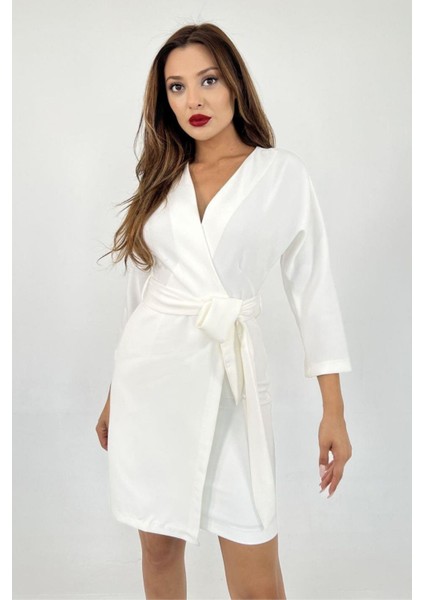 Kadın Kruvaze Model Kuşaklı Double Krep Yazlık Elbise 1081