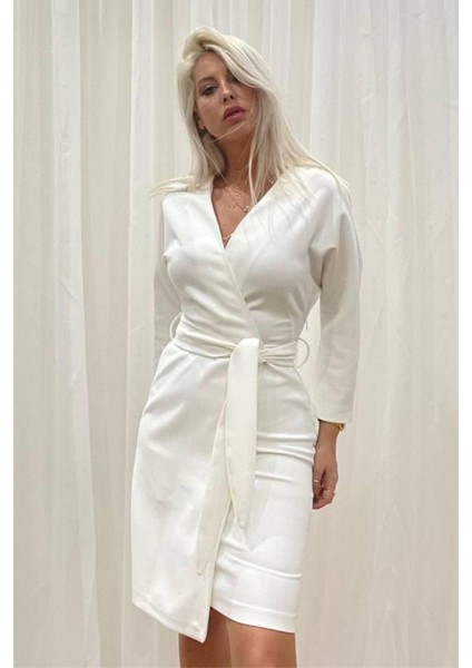 Kadın Kruvaze Model Kuşaklı Double Krep Yazlık Elbise 1081 indirimleri