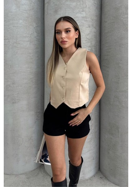 Kadın V Yaka Kısa Double Krep Dokuma Yelek 1088