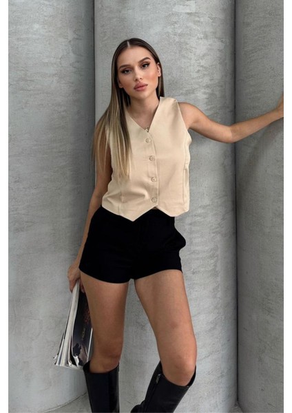 Kadın V Yaka Kısa Double Krep Dokuma Yelek 1088 modelleri