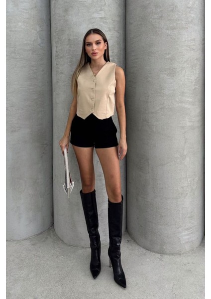 Kadın V Yaka Kısa Double Krep Dokuma Yelek 1088 fırsatları