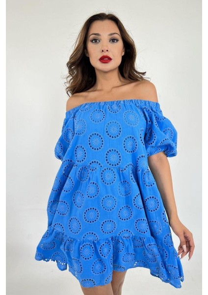 Kadın Kolu Büzgüllü Düşük Omuz Yazlık Elbise 1083