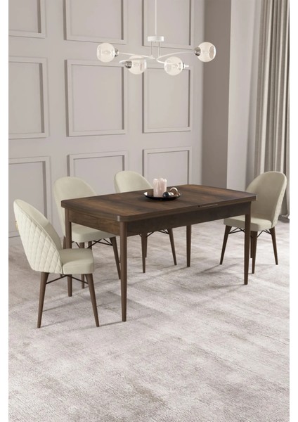 Milano Serisi, Barok Ahşap Desen 80 x 132 cm Açılabilir Mdf Mutfak Masası Takımı 4 Adet Sandalye