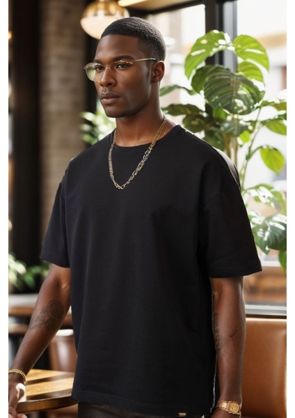 Unisex Bisiklet Yaka 2 Iplik Basic Oversize Penye Tişört 1009