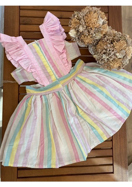 Babyaden Natalia Doğum Günü Parti Çıkarılabilir Ponponlu Çizgili Astarlı Pamuklu Kız Çocuk Elbise modelleri