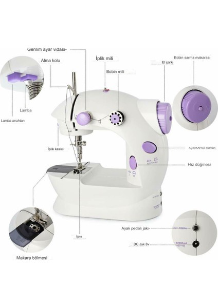 Işıklı Elektrikli Mini Dikiş Makinesi Ayak Pedallı Çok Fonksiyonlu Taşınabilir Dikiş Makinesi