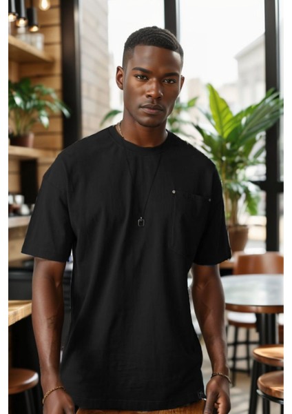 Erkek Bisiklet Yaka Cepli Oversize Kalıp Penye Tişört 1007