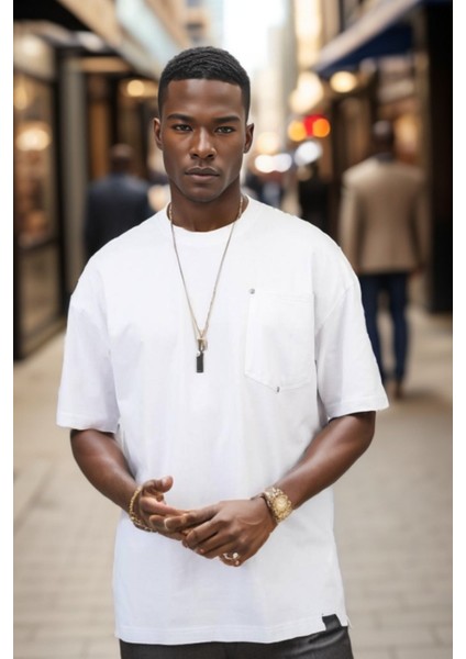 Erkek Bisiklet Yaka Cepli Oversize Kalıp Penye Tişört 1007