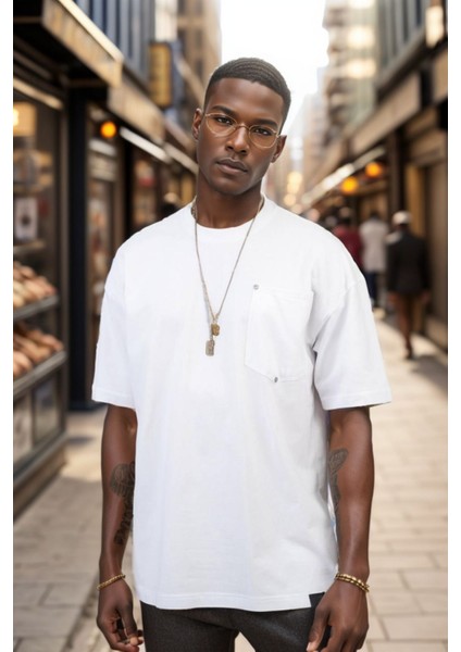 Erkek Bisiklet Yaka Cepli Oversize Kalıp Penye Tişört 1007 fiyatları