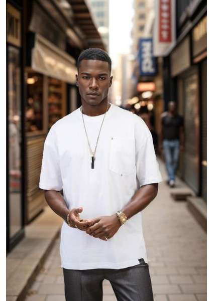 Erkek Bisiklet Yaka Cepli Oversize Kalıp Penye Tişört 1007 indirimleri