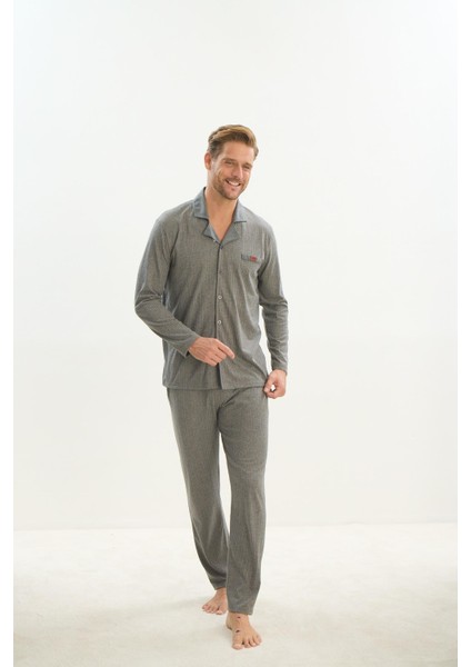 Erkek Uzun Kol Gömlek Yaka Önden Düğmeli Gri Pijama Takım C2T3N5O9 modelleri
