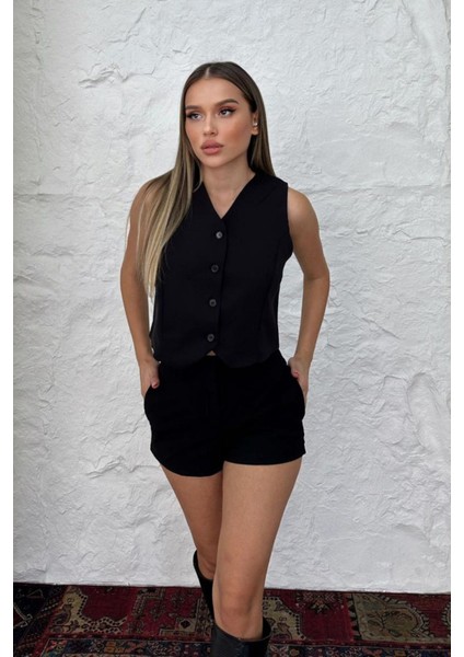 Kadın V Yaka Kısa Double Krep Dokuma Yelek 1088