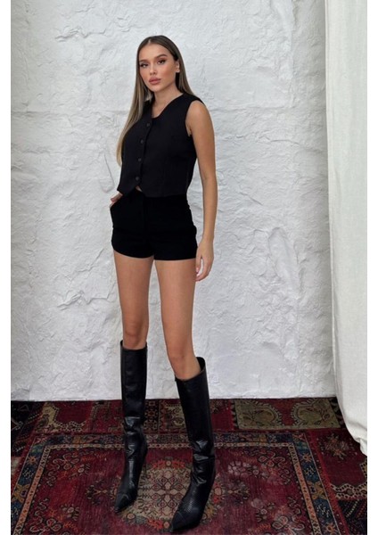 Kadın V Yaka Kısa Double Krep Dokuma Yelek 1088 modelleri