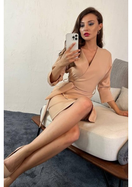 Kadın Kruvaze Model Kuşaklı Double Krep Yazlık Elbise 1081