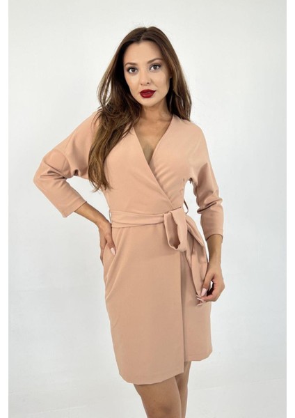 Kadın Kruvaze Model Kuşaklı Double Krep Yazlık Elbise 1081 modelleri