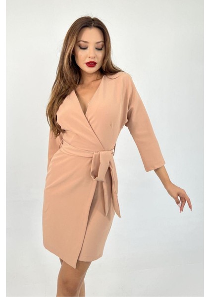 Kadın Kruvaze Model Kuşaklı Double Krep Yazlık Elbise 1081 indirimleri