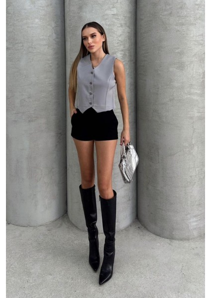 Kadın V Yaka Kısa Double Krep Dokuma Yelek 1088 indirimleri