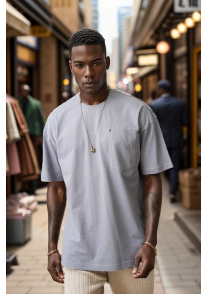 Erkek Bisiklet Yaka Cepli Oversize Kalıp Penye Tişört 1007