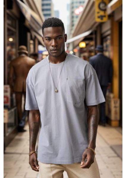 Erkek Bisiklet Yaka Cepli Oversize Kalıp Penye Tişört 1007 modelleri