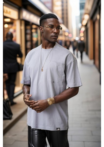 Erkek Bisiklet Yaka Cepli Oversize Kalıp Penye Tişört 1007 fırsatları