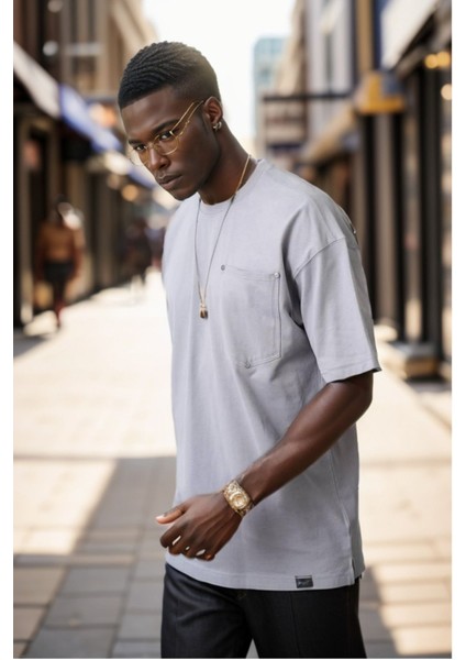 Erkek Bisiklet Yaka Cepli Oversize Kalıp Penye Tişört 1007 indirimleri