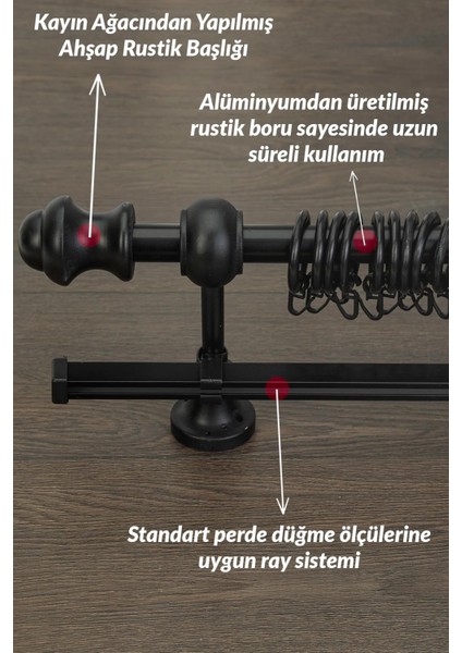 Siyah Ahşap Rustik Tek Raylı Perde Askısı