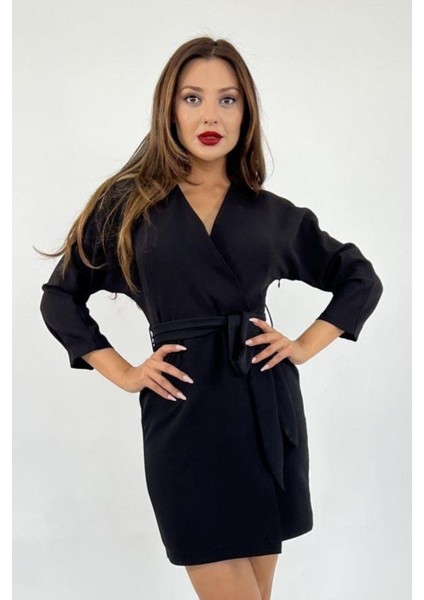 Kadın Kruvaze Model Kuşaklı Double Krep Yazlık Elbise 1081