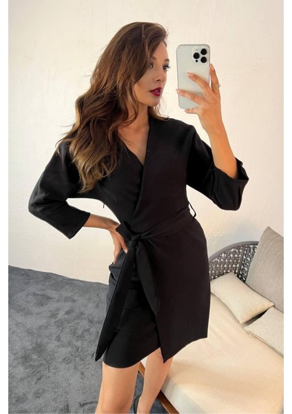 Kadın Kruvaze Model Kuşaklı Double Krep Yazlık Elbise 1081 modelleri