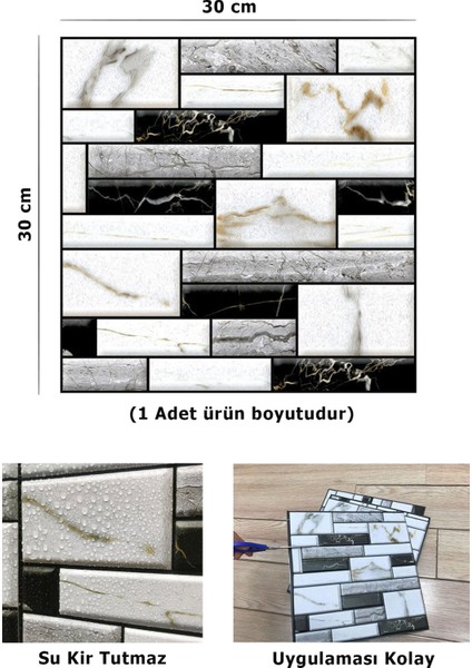10ADET 30 x 30 cm 3D Kendinden Yapışkanlı Duvar Kaplama Su Geçirmez Dekorasyon Mutfak Banyo