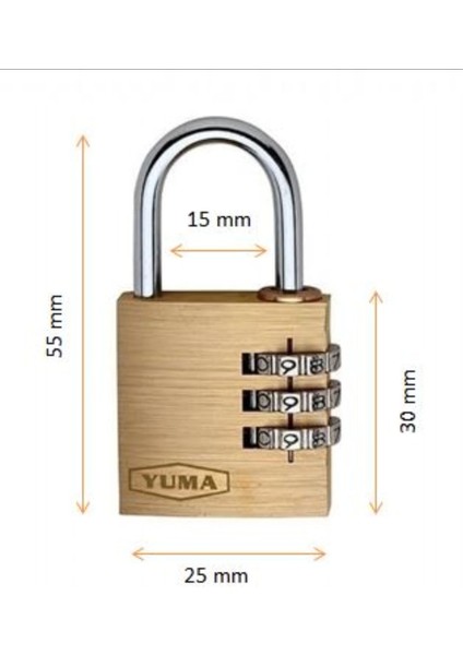 Yuma Şifreli Pirinç Asma Kilit 25 mm 3 Basamaklı Çift Yönlü Gri 1 Adet