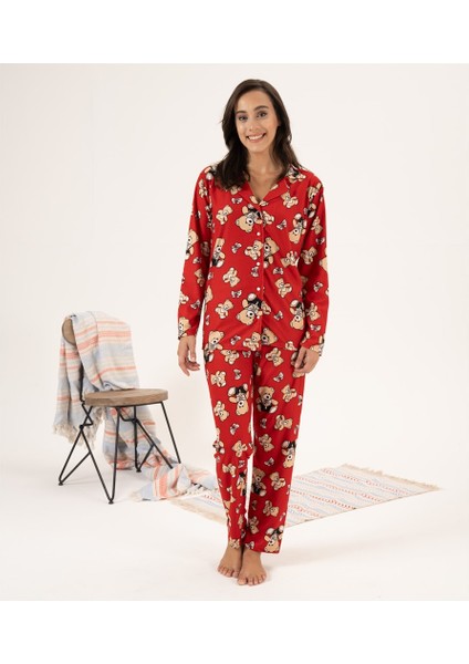 Desenli Önden Düğmeli Süet Kadın Pijama Takım