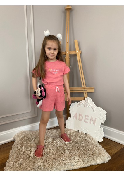 Babyaden Nar Çiçeği Pamuklu Waffle Kumaş Şort Tişört Kız Çocuk Bebek Takım