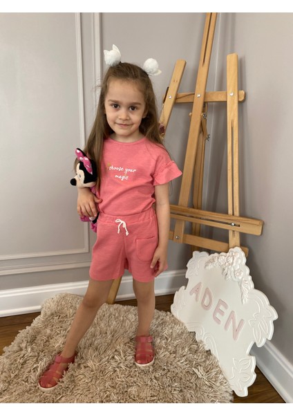 Babyaden Nar Çiçeği Pamuklu Waffle Kumaş Şort Tişört Kız Çocuk Bebek Takım