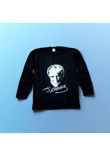 Uzun Kollu Siyah Atatürk Imzalı Baskılı Arkası Imzalı Tişört 10-11 Yaş