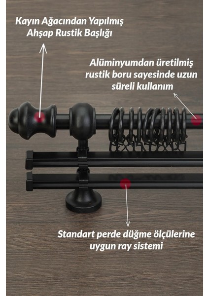 Siyah Ahşap Rustik Çift Raylı Perde Askısı