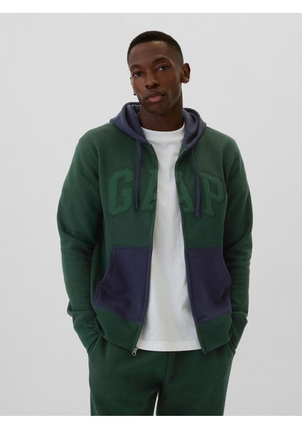 Erkek Yeşil Gap Logo Colorblock Fermuarlı Fleece Sweatshirt