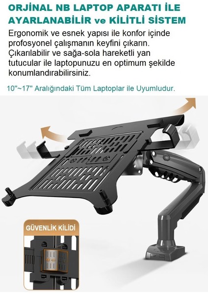 Umotech Nb F80-FP Amortisörlü 10"-17" Laptop Standı - 17-30"monitör Tutucu Ayarlanabilir Masaüstü Tutucu Profesyonel ve Yenilikçi Tasarım