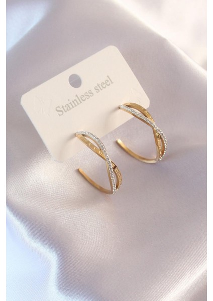 E-Bijuteri Çelik Gold Renk Zirkon Taşlı Sarmal Model Kadın Küpe