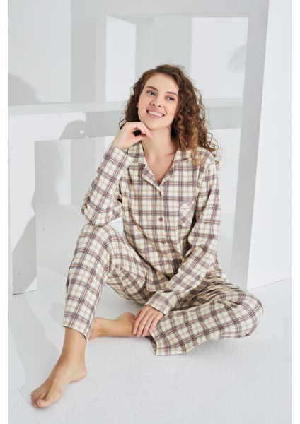 %100 Pamuk Ekose Uzun Kol Önden Düğmeli Kadın Pijama Takımı 98225