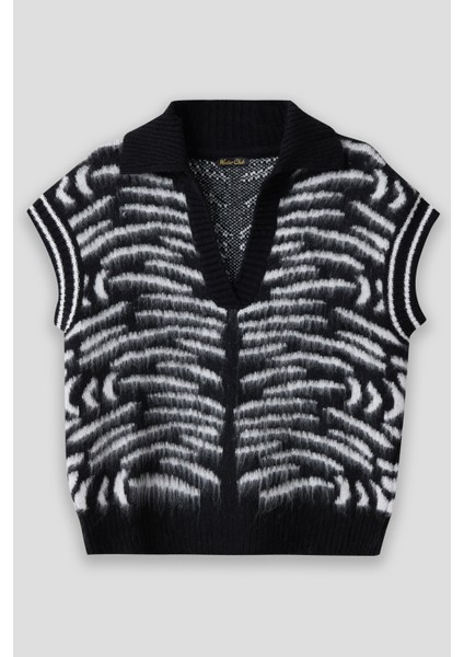 Summer Winter Club Kadın Şardonlu Polo Yaka Fitilli Kenarlı Kolsuz % 100 Ipek Süveter