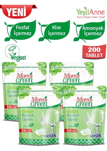 Mom's green 4'lü Set- 50'li Oksijenli Ekolojik Bulaşık Makinesi Tableti 4x50=200 Tablet