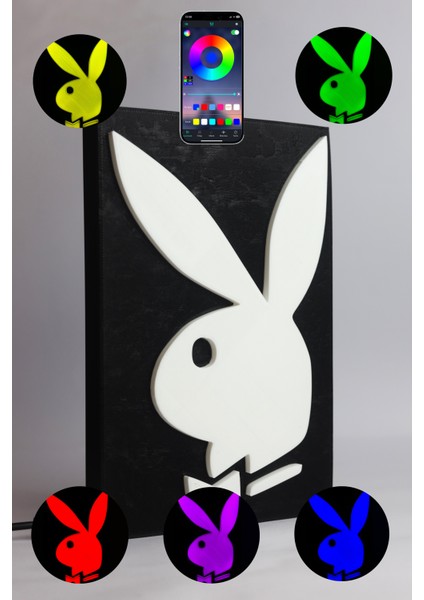 Playboy - Rgb Led Işıklı 3 Boyutlu Tabela - 13cm X 20cm X 2cm (Bluetooth Kontrollü)