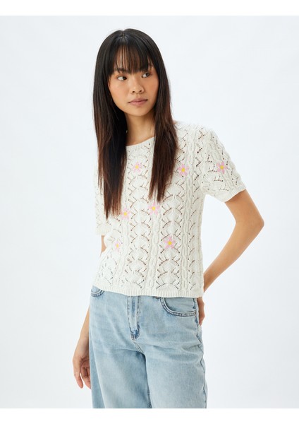 Triko Ajurlu Kazak Kısa Kollu Bisiklet Yaka Çiçek Işlemeli