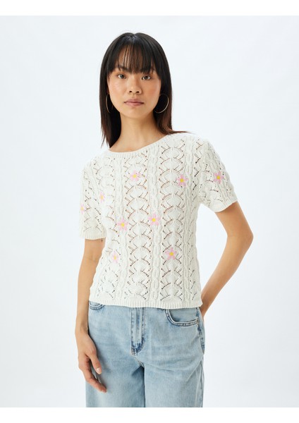 Triko Ajurlu Kazak Kısa Kollu Bisiklet Yaka Çiçek Işlemeli modelleri