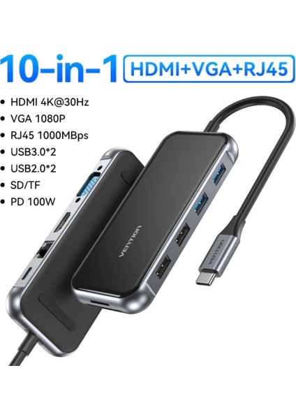 10'un 1'i Type-C Hub Çoklayıcı CE/FC/ROHS Lisanslı 4K Hdm/Usb C Pd/Tf Kart/Sd Kart/Usb A/Usb C/100W/RJ45/Wga Çoklayıcı Dönüştürücü