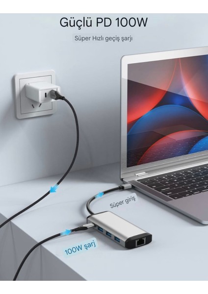 10'un 1'i Type-C Hub Çoklayıcı CE/FC/ROHS Lisanslı 4K Hdm/Usb C Pd/Tf Kart/Sd Kart/Usb A/Usb C/100W/RJ45/Wga Çoklayıcı Dönüştürücü