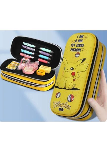 Pokemon Pikachu Büyük Kapasiteli Çift Fermuarlı 3D Sert Kapaklı Kalem Kutusu